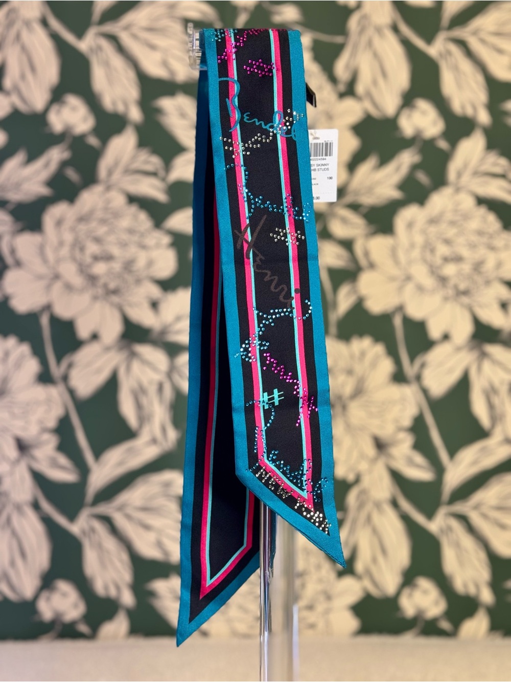 henri bendel Teal, Black and Pink Striped Twilly Scarf with Crystal Accents NWT